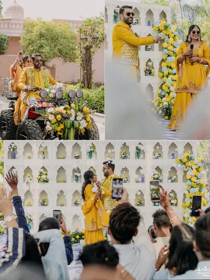The groom makes a grand entrance on a decorated ATV, followed by the couple's fun interactions on stage during their Jaipur Haldi.