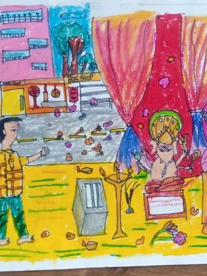 Yash, a 5th standard student, captured the spirit of the Ganesh festival in this oil pastel drawing. The scene shows a public pandal on the roadside, full of life and celebration.