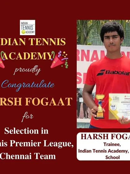 We proudly congratulate our trainee, Harsh Fogaat, on his selection into the Tennis Premier League's Chennai Team. This is a testament to the opportunities our tournaments create, providing a platform for talented players to advance to professional leagues.
