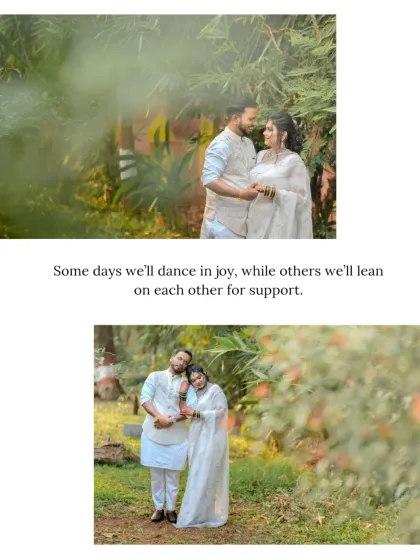 A candid portrait of the couple in a garden setting. The natural foliage provides a soft, organic frame, highlighting their relaxed and happy connection.