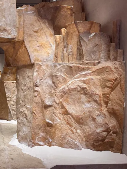 A detail of the rock-like structures in the 'Salt' installation. The surfaces are crafted to look like natural salt formations, highlighting the material's raw, crystalline beauty.