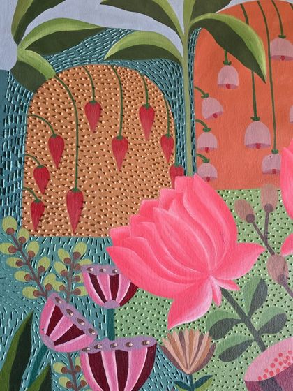 This section of the painting features whimsical, bell-shaped flowers and other unique botanical forms. It's a garden of my imagination.