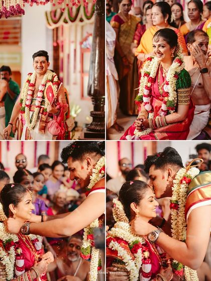 A collage capturing the key rituals of a traditional Brahmin wedding, from the tying of the thali to playful moments.