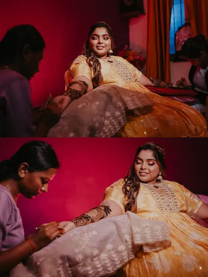 A collage showing the bride during her mehndi application. The warm, dramatic lighting creates a cozy and intimate atmosphere.