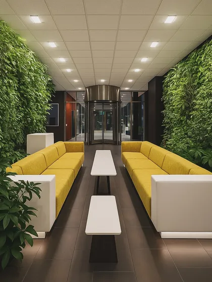 We design lobbies that are destinations in themselves. The vibrant living walls in this waiting area converge with sleek design to create a space that is both welcoming and impressive.