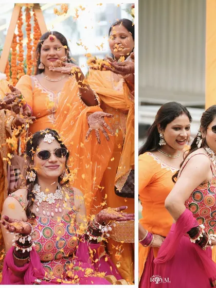 A collage showing the bride being showered with flower petals by her family during a joyful Haldi ritual.