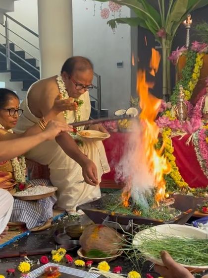 A closer look at the yajna being performed. The smoke from the sacred fire purifies the atmosphere and carries our prayers upwards.