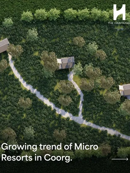An aerial render illustrating the growing trend of micro-resorts in Coorg, where individual cabins are spread across a property to offer privacy and a connection to nature.