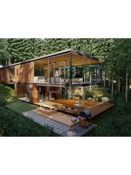 A view of the upcoming sustainable villa, showing the seamless flow from the interior to the outdoor deck. The extensive use of glass walls dissolves the boundary between the home and the forest.