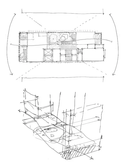 These sketches for J-House show the incorporation of passive design strategies. The plan is organized around courtyards and verandahs to ensure natural ventilation and glare-free light.