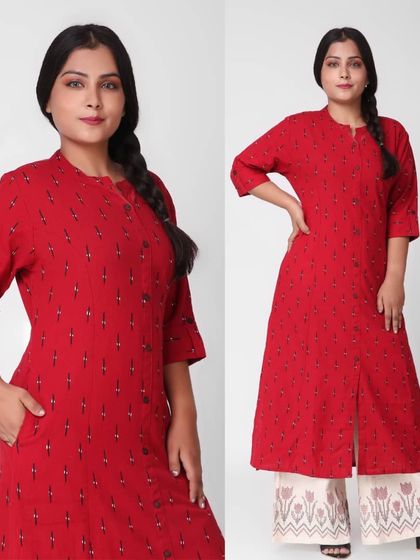 A two-shot image of a model in a red printed kurti and palazzo pants, showing both a close-up and a full-length view.