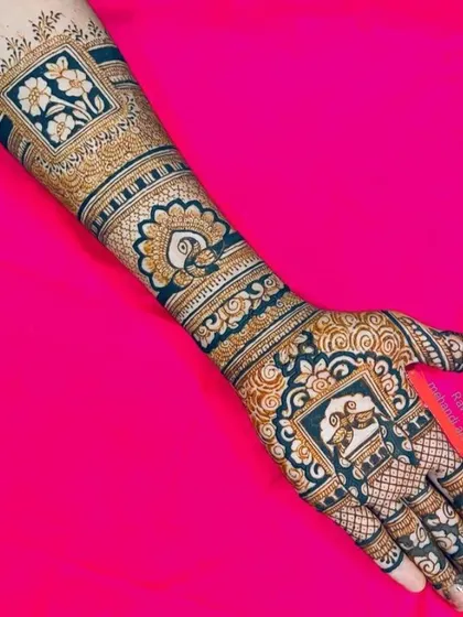 A unique design with elements in square frames, like a picture gallery on the arm. It includes floral motifs and a central peacock, combining structure with traditional art.