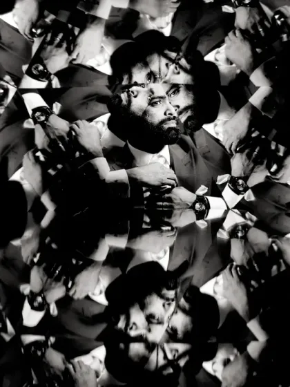 A groom's portrait seen through a kaleidoscope, creating a unique, abstract, and mesmerizing image. This is a fun technique I use for creative shots.