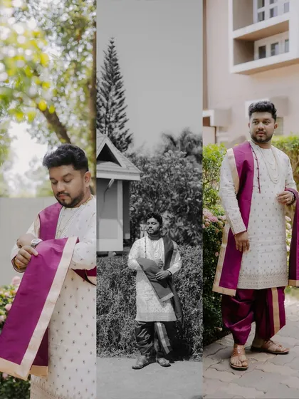 A triptych of the groom getting ready, showing him in both color and black and white, capturing his anticipation.