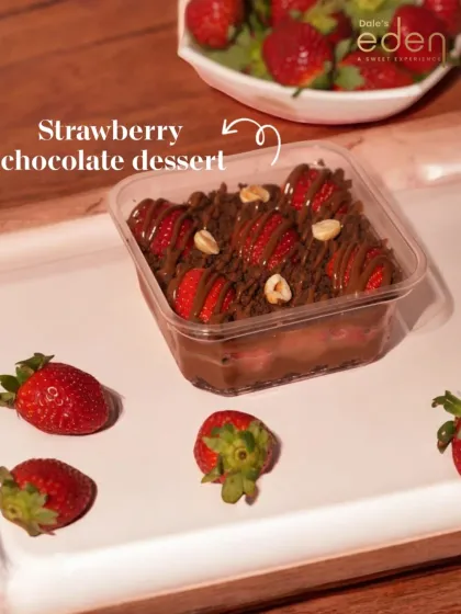 Our Strawberry Chocolate tub dessert, featuring layers of chocolate, cream, and fresh strawberries, sealed for travel.
