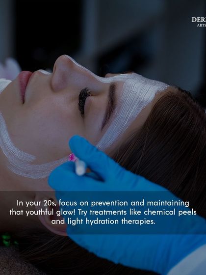 In your 20s, focus on prevention and maintaining a youthful glow. This graphic recommends treatments like chemical peels and light hydration therapies.