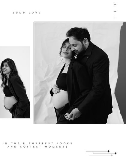 In their sharpest looks and softest moments. This black and white image beautifully contrasts their stylish outfits with the tender intimacy of their embrace.