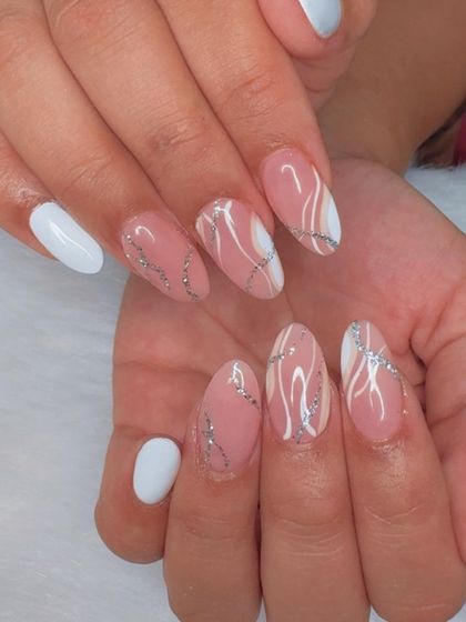 Another look at the elegant pink and silver abstract swirl nails.