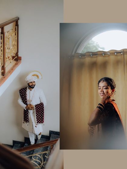 A beautifully composed shot of the bride and groom. The soft lighting and thoughtful poses create an artistic and romantic portrait.