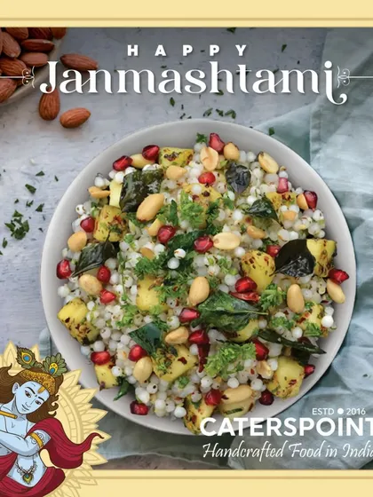 This overhead shot captures the freshness of our Sabudana Khichdi, loaded with peanuts, pomegranate jewels, and fresh herbs. It’s a nutritious and tasty option for your fast.
