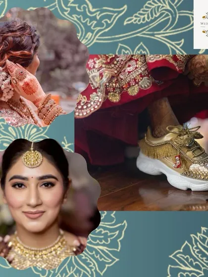 This image highlights the finishing touches for a classic bridal look, including elegant hairstyles, flawless makeup, and even stylish bridal sneakers for a modern twist.