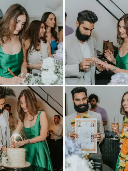 A collage from a court marriage celebration, showing the signing of the register, cake cutting, and the happy couple.