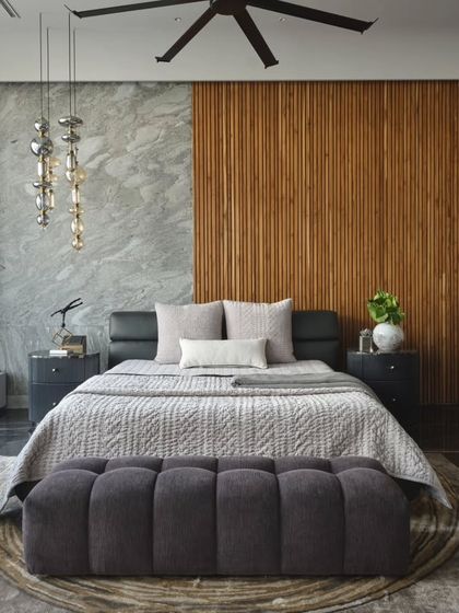 A different angle of the master suite, showing the sliding wooden panel that reveals the rest of the home. This feature allows for both privacy and an open-plan feel, demonstrating my focus on functional and flexible design.