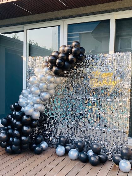 Another view of the black and silver poolside decoration.
