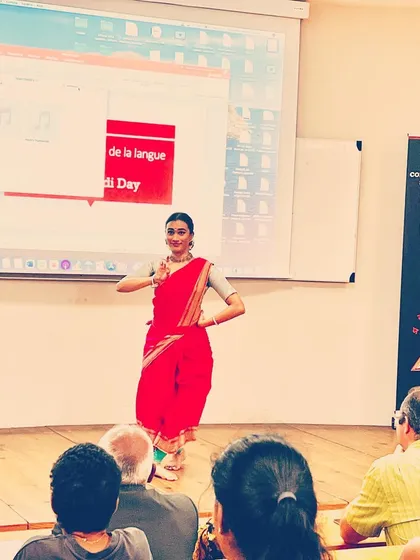 Celebrating Hindi Diwas at the University of La Reunion. Here, I'm demonstrating how language and dance can intertwine, using Bharatanatyam to interpret and express Hindi poetry.
