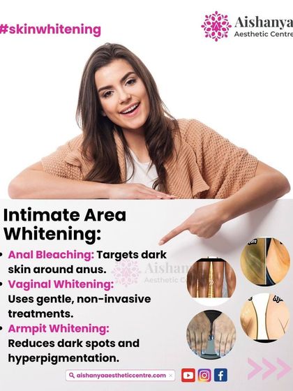This graphic explains the different types of intimate area whitening treatments I offer. These are safe and gentle procedures designed to reduce dark spots and hyperpigmentation in sensitive areas like the underarms and bikini line.