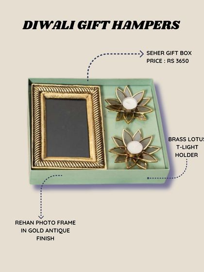 The Seher Gift Box is a perfect Diwali gift, combining a Rehan photo frame in a gold antique finish with two beautiful brass lotus t-light holders.