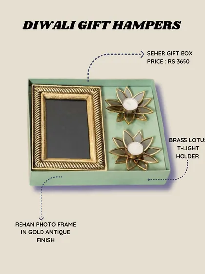 A popular choice for festive gifting, the Seher gift box includes a gold antique photo frame and two brass lotus t-light holders. It’s a simple yet elegant hamper that brings instant warmth.