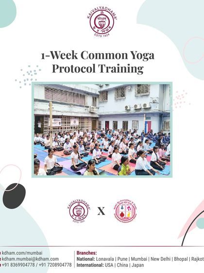 This graphic announces a 1-Week Common Yoga Protocol Training, showing a large group of students practicing outdoors. It showcases my collaboration with educational institutions like R J College to promote yoga.