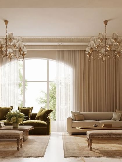 Here, I used soft neutral tones with a pop of olive green to create a calming ambiance. The arched window and symmetrical furniture arrangement establish a balance between formality and comfort, making the space feel refined yet inviting.