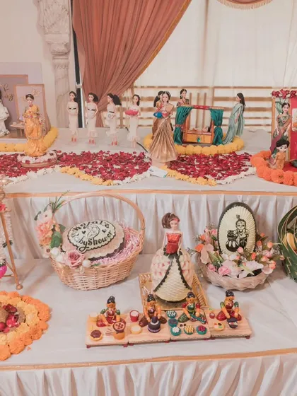 An overview of the beautiful and extensive *rukhwat* and food setup we created for Kajal's baby shower.