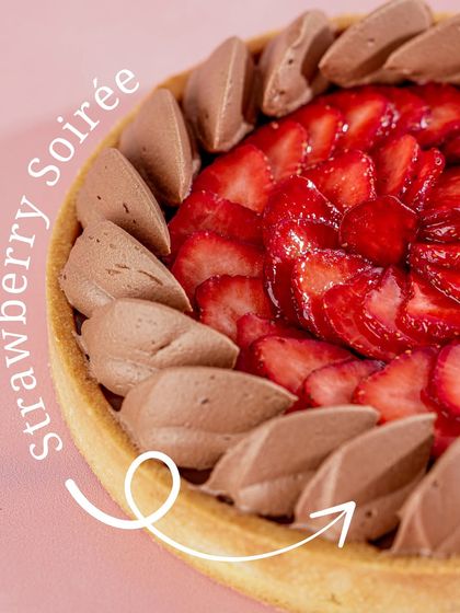 A detailed shot of our Strawberry Soirée tart, highlighting the rich chocolate filling and fresh fruit.