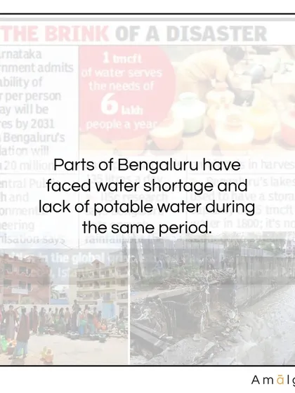 This infographic highlights the paradox of Bengaluru: facing both severe water shortages and devastating floods. My work addresses both sides of this issue by designing systems that capture and store floodwater, turning a seasonal hazard into a valuable resource.