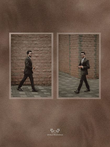 A collage of the groom looking sharp in his suit, walking with confidence on his wedding day.