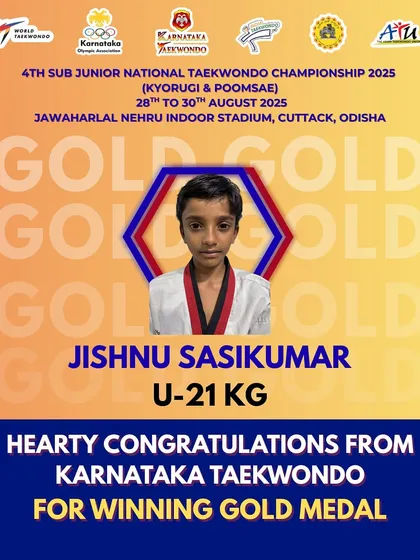 Congratulations to Jishnu Sasikumar for winning the Gold Medal in the U-21 KG category at the 4th Sub Junior National Taekwondo Championship. A fantastic achievement.