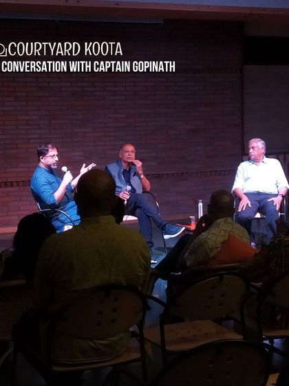 A packed house listens intently during our evening with Captain Gopinath, the pioneer of low cost aviation in India. He shared incredible insights from his journey, discussing everything from his time in the army to revolutionizing air travel for the common person.