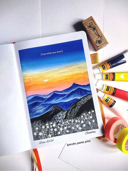 An image of a beautiful mountain landscape painting done by a fellow artist as part of our group collaboration.