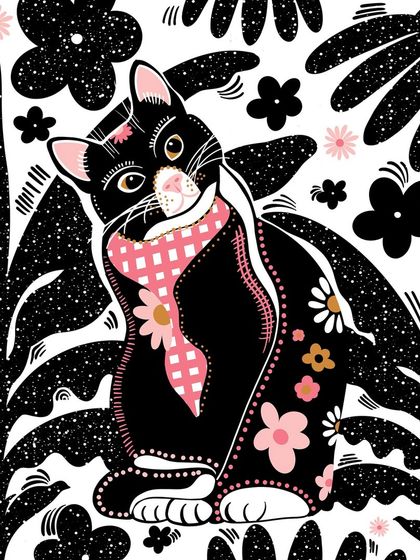 A tribute to my love for cats, this illustration combines a charming black cat with bold, floral patterns. I enjoy mixing simple black and white elements with pops of colour to create playful and stylish animal portraits.