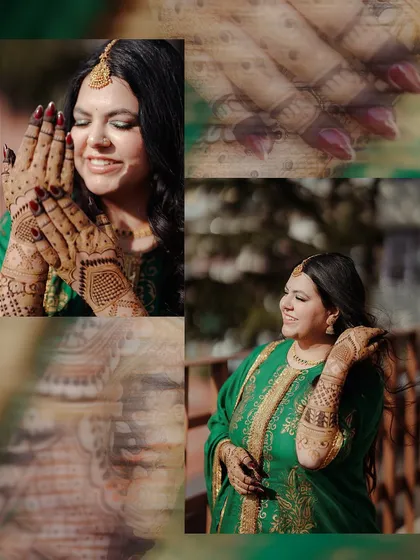 A collage of a bride at her Mehandi, featuring close-ups of her intricate henna design and her happy, sun-kissed expressions.