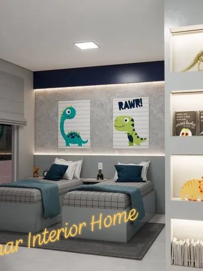 A view of the twin beds with their dinosaur-themed artwork and backlit display niches.