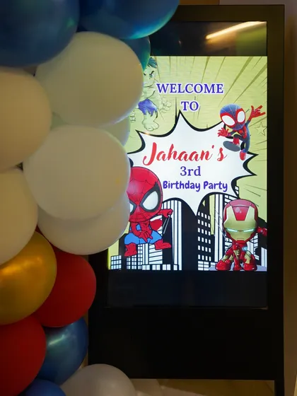 A personalized digital welcome sign for Jahaan's 3rd birthday party, featuring his favorite superheroes. This custom touch makes the celebration feel extra special from the start.