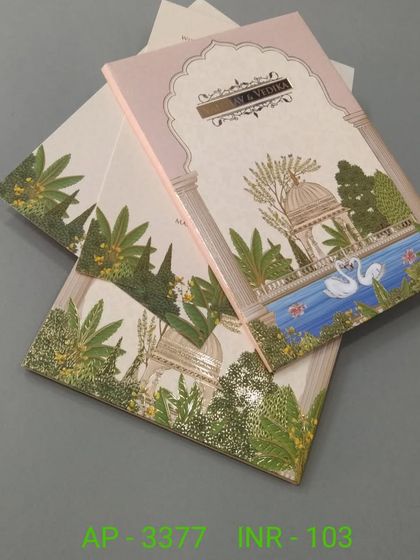 This card paints a serene scene with a palace by the water, complete with swans. The soft pink and green tones make it a gentle and beautiful choice for a daytime wedding.