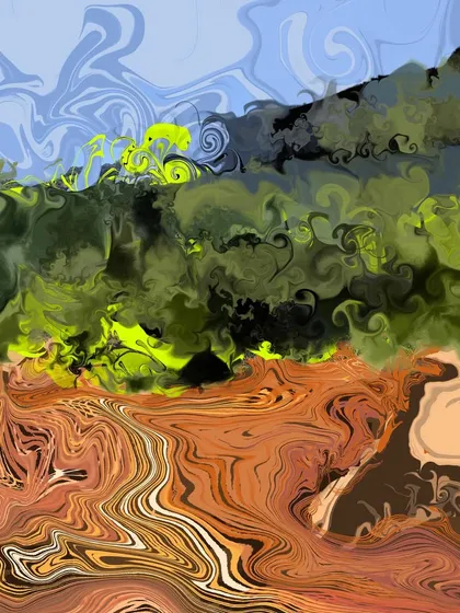 This 'DelicScape' variation focuses on the earthy tones and textures of the landscape. The swirling brown and orange patterns dominate the foreground, giving the piece a grounded yet fluid and abstract quality.