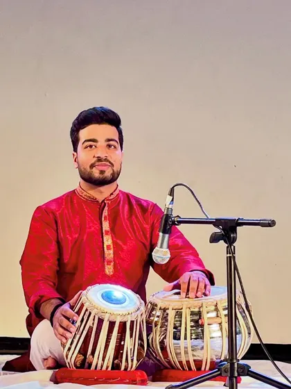 A portrait with my tabla before a solo concert, ready to begin the performance.