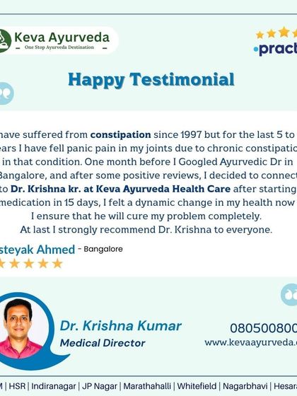 After suffering from chronic constipation for years, this patient found dynamic health changes within 15 days of starting treatment with Dr. Krishna. We focus on providing lasting solutions for long-term problems.