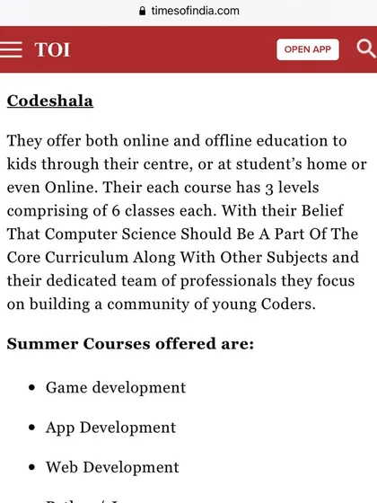 We are proud to be recognized by The Times of India as one of the top six coding classes in the country. This feature highlights our comprehensive curriculum, which includes game development, app development, and web development.